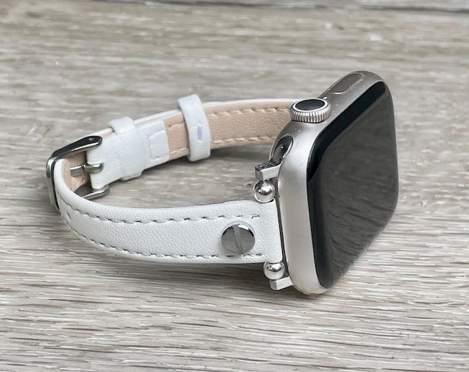 Slim White Leather Apple Watch Band for Women, Adjustable Bracelet Strap, Gold or Silver