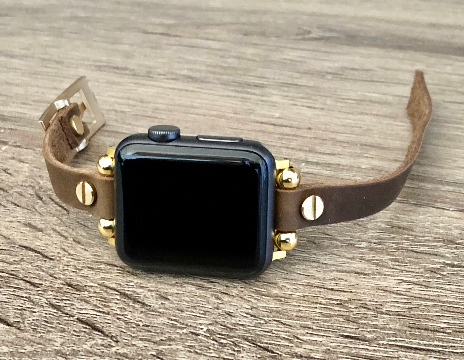 Rustic Apple Watch Rustic Brown Leather Apple Watch Band: Slim Gold Accent Strap Bracelet ...
