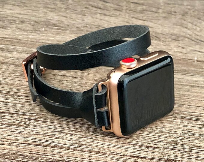 Apple Watch Band - 38mm 40mm 41mm 42mm 46mm 44mm 45mm, Slim Black Leather Strap, Double Wrapped iWatch Bracelet, BoHo Replacement Strap
