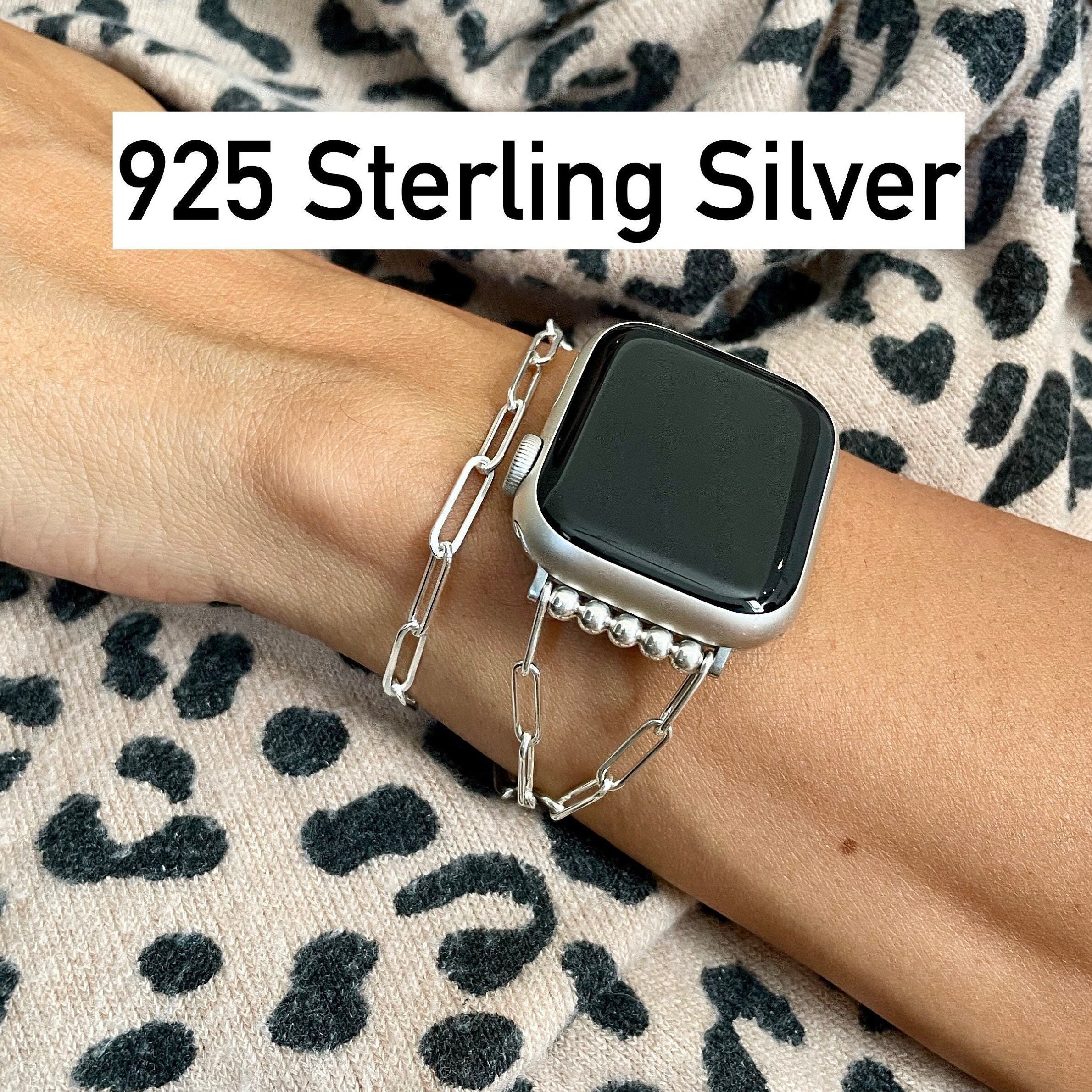 Luxury Apple Watch Band Sterling Silver Paperclip Chain Strap iWatch  Armband 38mm 40mm 41mm 42mm 44mm 45mm Women Style Smart Watch Bracelet