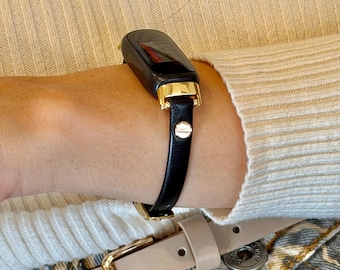 Fitbit Inspire 3用ブラックレザーバンド（レディース）、スリム8mm