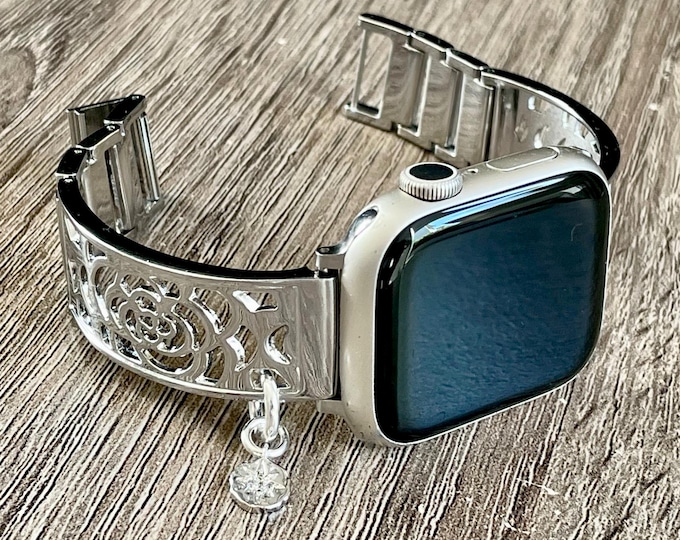Silver Metal Band for Apple Watch - North Star Charm - Luxury iWatch Bracelet - Women Jewelry Watch Strap - Gift for Her - Adjustable Bangle