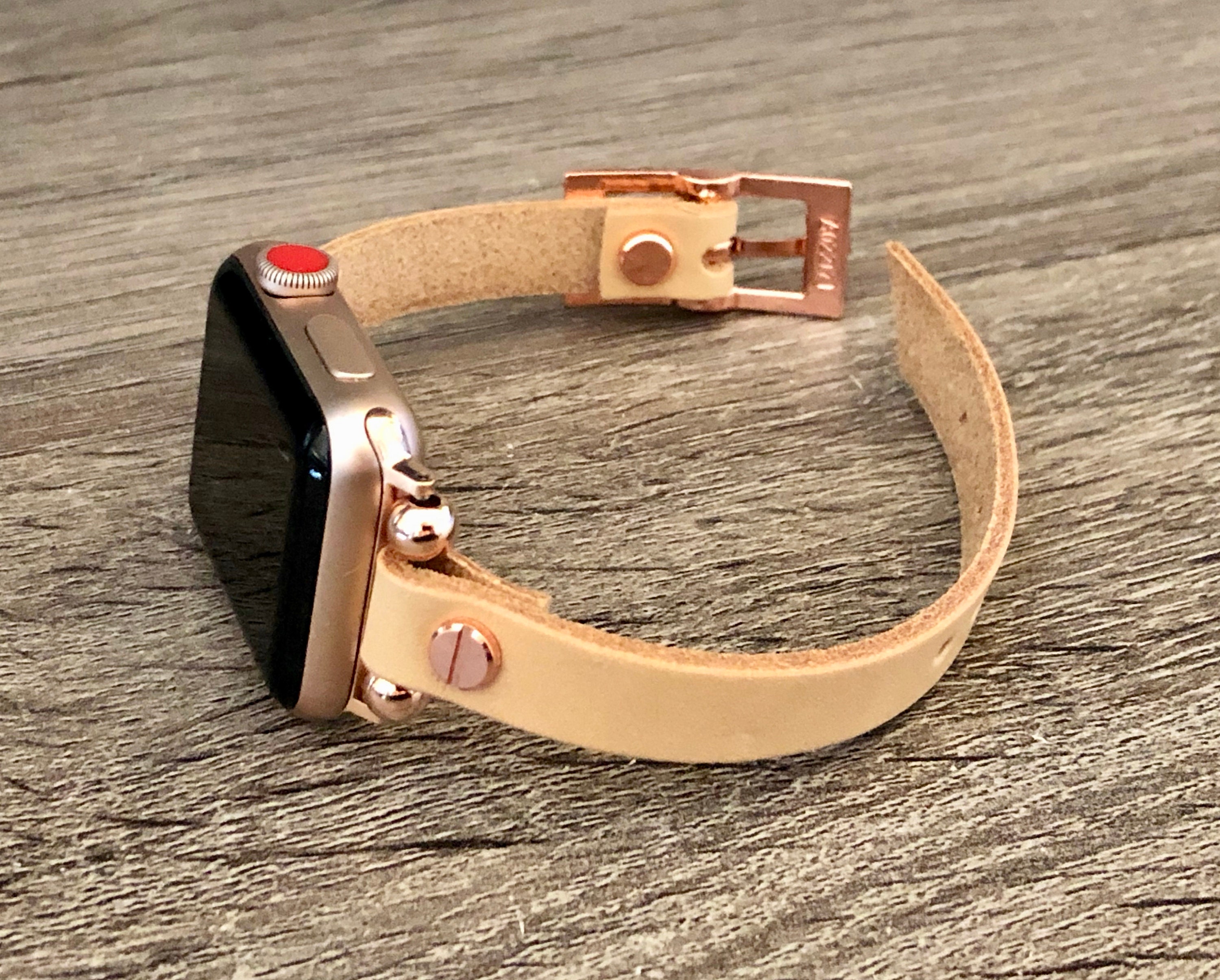 Slim Beige Leather Apple Watch Band 40mm 41mm 44mm 45mm Women Style