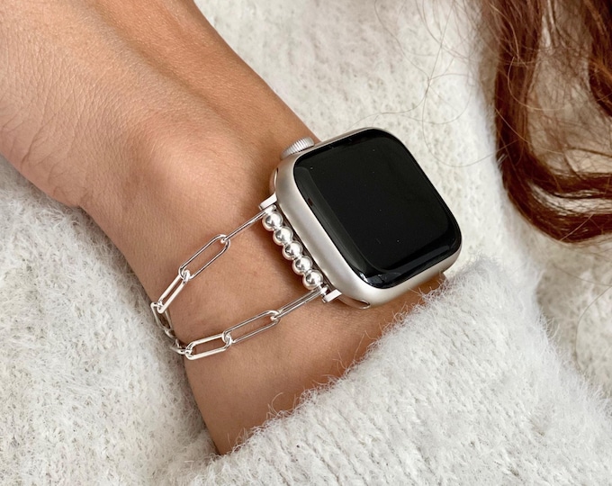 Sterling Silver Paperclip Chain Band for Apple Watch, Adjustable Bracelet, Luxury Gift for Her