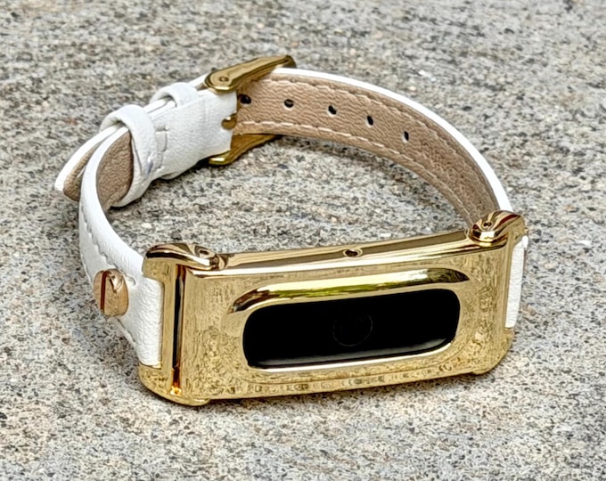 White Leather Fitbit Air Band Gold Hardware, Adjustable Strap
