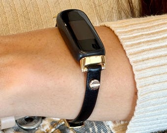 Black Leather Fitbit Inspire 3 Band for Women, Slim 8mm Bracelet Strap, Gold Accent