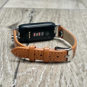 Women Fitbit Inspire 3 Band Slim Leather Strap Light Brown Bracelet SilverAccents, Adjustable Size, Soft Durable Accessory, Gift for Her