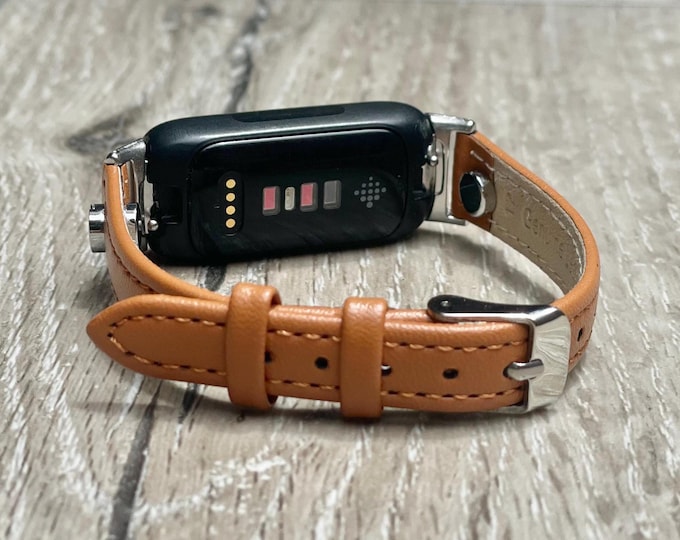 Women Fitbit Inspire 3 Band Slim Leather Strap Light Brown Bracelet SilverAccents, Adjustable Size, Soft Durable Accessory, Gift for Her