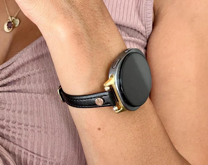 Galaxy Watch 8 Band, Slim Leather Strap for Women, Adjustable Bracelet, Silver/Gold Accents