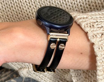 Black Galaxy Watch Leather Band, Gold Double Strap for 8/7/6/5 Series
