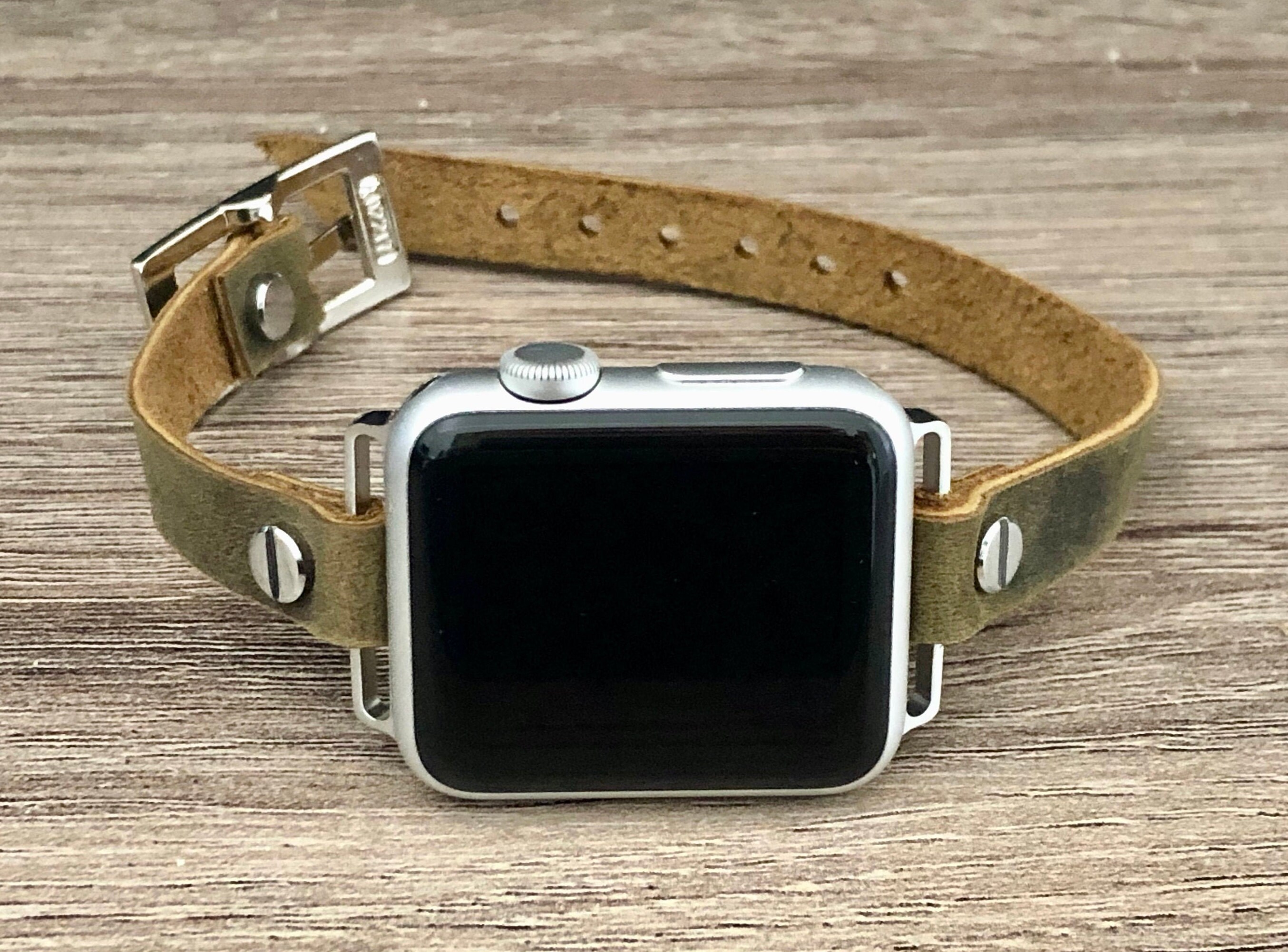 Apple Watch Band 38mm 40mm 42mm 44mm Distressed Olive Color Leather & Silver Apple Watch