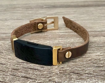 Gold Fitbit Inspire 2 Band: Distressed Brown Leather Boho Bracelet
