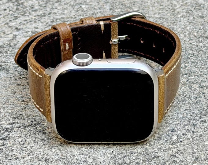 Rustic Brown Genuine Leather Apple Watch Band Stitched Strap for Men, Adjustable Size Wristband