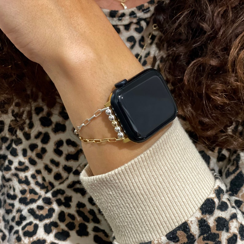 Elegante cinturino per Apple Watch da donna Bracciale a catena in metalli misti in argento sterling e oro, cinturino per Apple Watch bicolore immagine 7