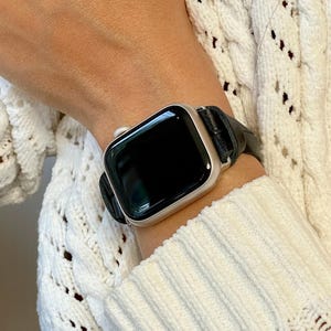 Black Leather Apple Watch Band 42mm 46mm 38mm 40mm 41mm 44mm 45mm Ultra, Slim Wrap Bracelet Silver Accents Women Strap Jewelry Gift for Her