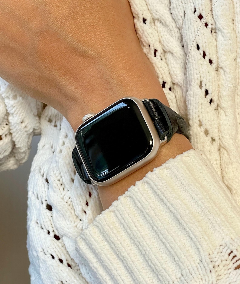 Black Leather Apple Watch Band 42mm 46mm 38mm 40mm 41mm 44mm 45mm Ultra, Slim Wrap Bracelet Silver Accents Women Strap Jewelry Gift for Her