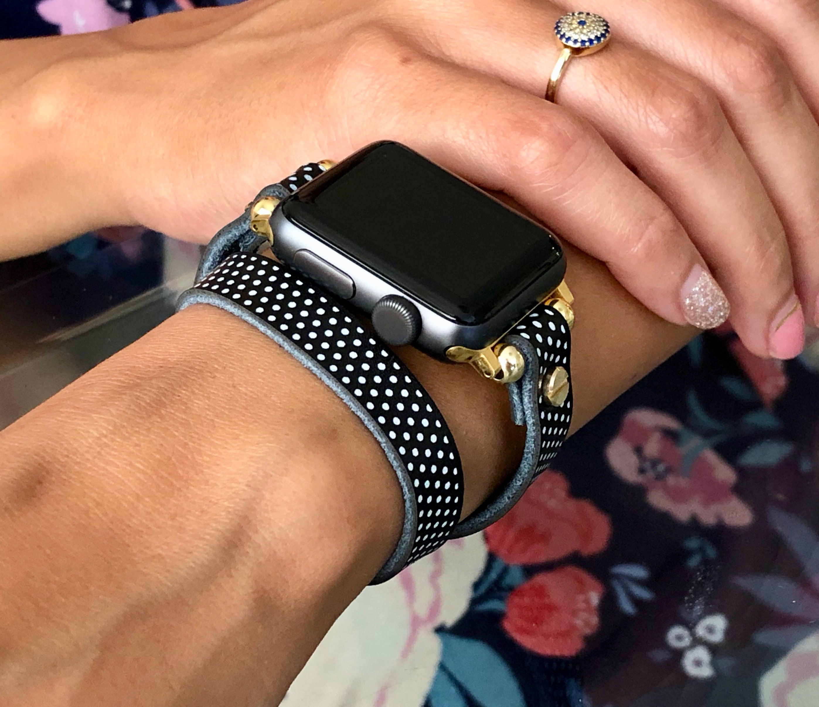 Polka Leather & Gold Apple Watch 38mm 40mm 42mm 44mm Band Double Wrap