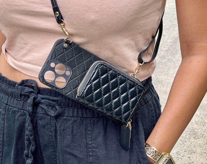 Personalized Crossbody Shoulder Strap iPhone Leather Case for 12/13/14/15 - Pro - Plus - Max, Luxury Leather Phone Case with Zipper Wallet