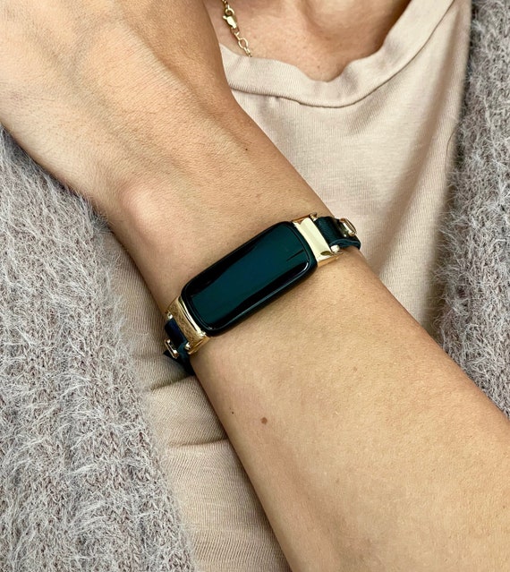 Handmade Fitbit Luxe Band Slim Black Leather & Gold Bracelet