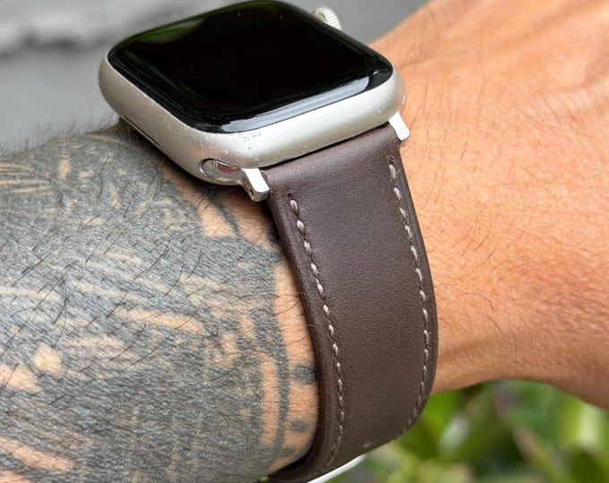 Dark Brown Apple Watch Band Genuine Leather Stitched Strap, Adjustable Bracelet for Men