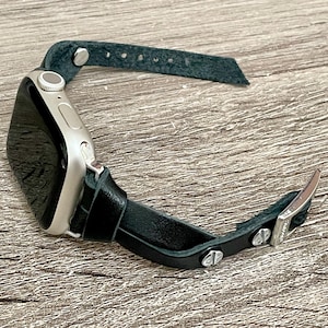 Black Leather Apple Watch Band 42mm 46mm 38mm 40mm 41mm 44mm 45mm Ultra, Slim Wrap Bracelet Silver Accents Women Strap Jewelry Gift for Her