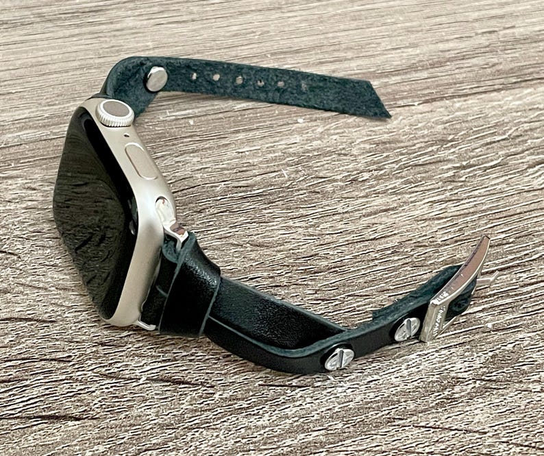 Black Leather Apple Watch Band 42mm 46mm 38mm 40mm 41mm 44mm 45mm Ultra, Slim Wrap Bracelet Silver Accents Women Strap Jewelry Gift for Her