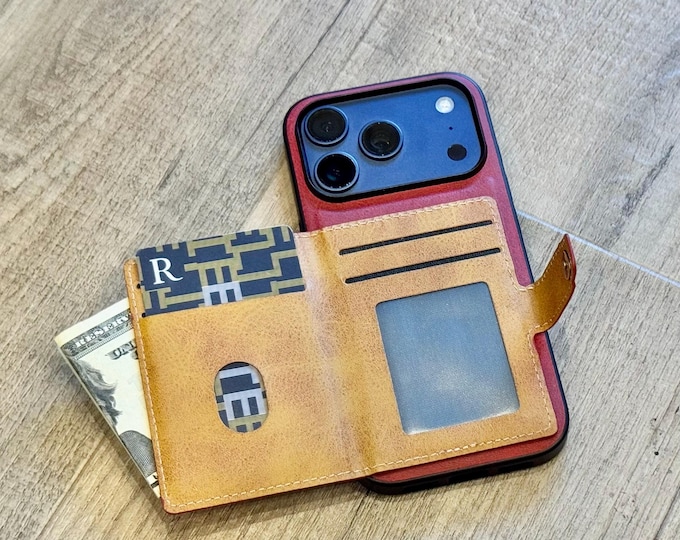 Personalized Leather iPhone Wallet Case, Father's Day Gift for Him, Custom Card Holder Cash Pocket Men's Cover 17 16 Pro Max Plus