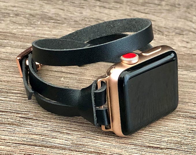 Double Wrap Apple Watch Band - Elegant Black Leather Strap with Rose Gold Accents for 42mm 44mm 45mm 46mm 38mm 41mm Ultra Models