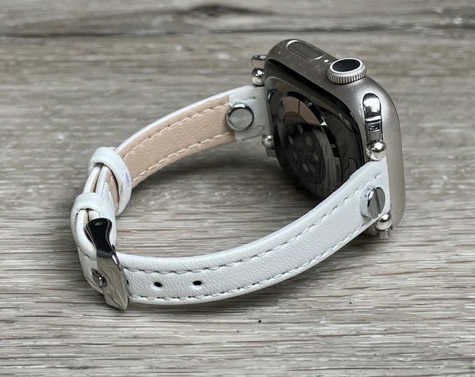 Slim White Leather Apple Watch Band Women Strap 42mm 46mm 41mm 40mm 38mm 44mm 45mm Ultra 2, Adjustable Size Bracelet, Gift for Her