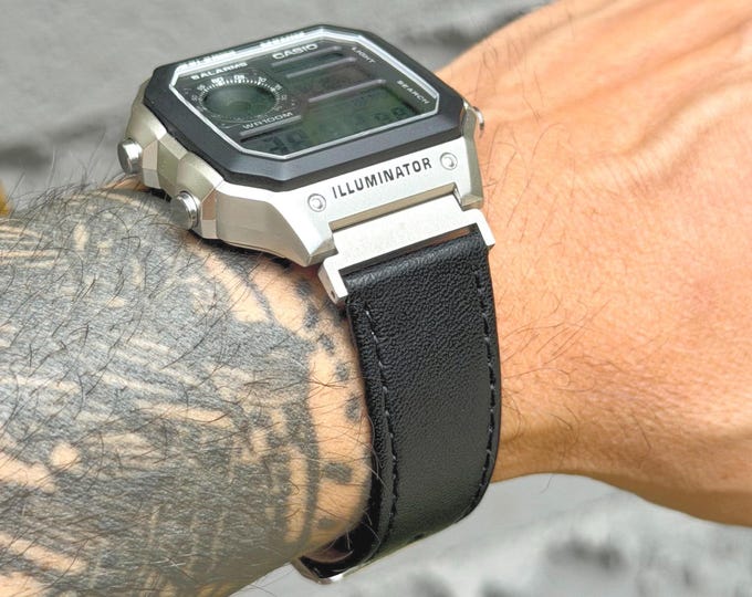 Black Genuine Leather Watch Band for Casio AE1200WHD-1A, Casio Royale Strap, Adjustable Size