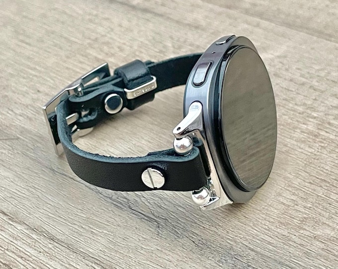 Slim Black Leather Galaxy Watch 8 Band: Handmade Adjustable Daily Wear Strap