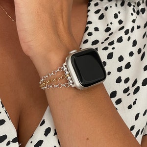 Two Tone Apple Watch Band Women Style Bracelet - Mix Metals Gold Filled & Sterling Silver Luxury Jewelry - Chic Watchband - Gift for Her
