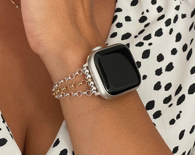 Two Tone Apple Watch Band Women Style Bracelet - Mix Metals Gold Filled & Sterling Silver Luxury Jewelry - Chic Watchband - Gift for Her