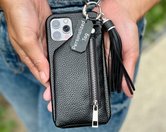 Leather iPhone Case: Crossbody Shoulder Strap, Zipper Pouch, Personalized Travel Phone Case Bag