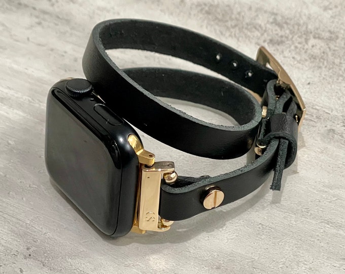 BoHo Style Slim Black Leather Apple Watch Band Women iWatch Bracelet Double Wrap Apple Watch Strap With Gold Accents, Genuine Leather Band