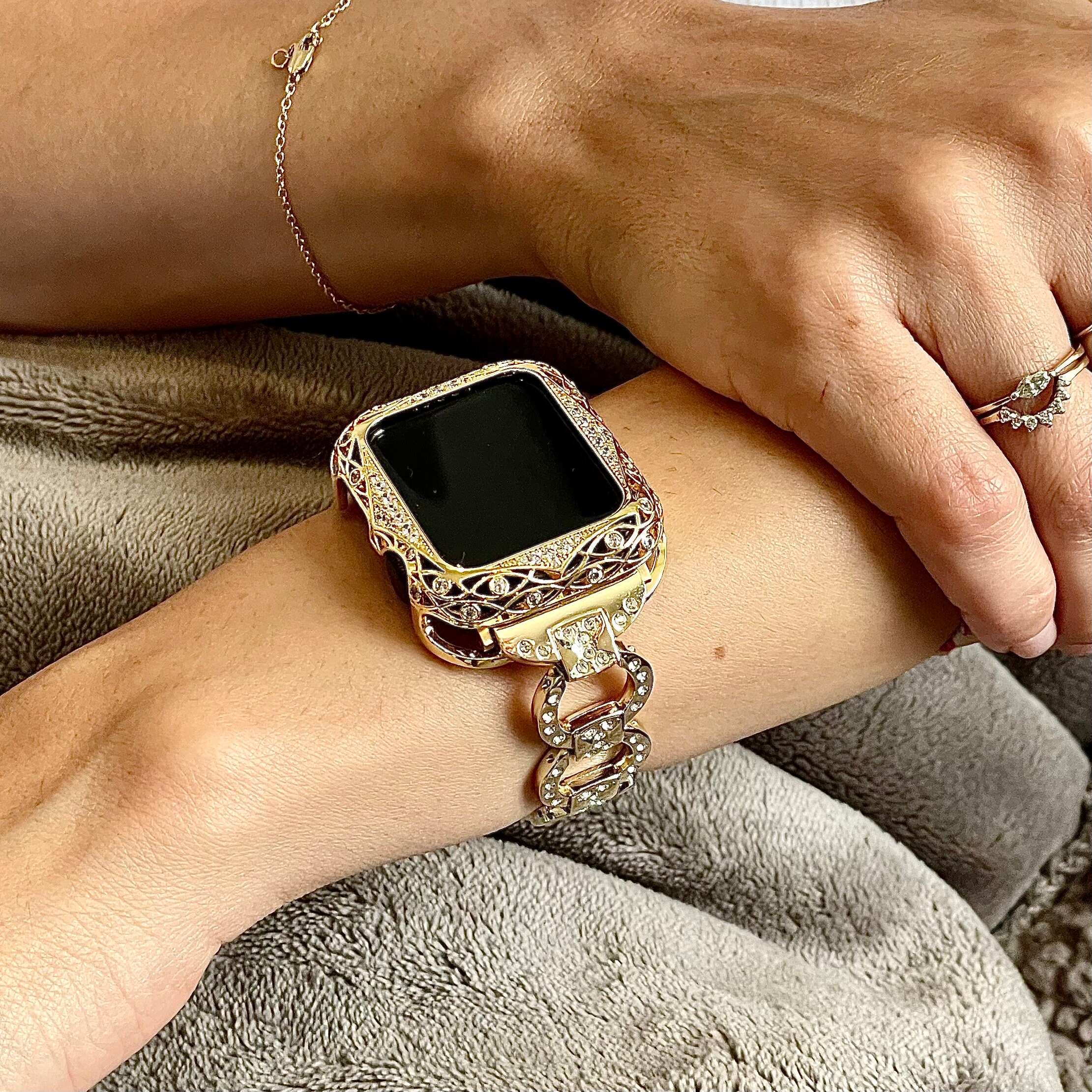 Gold Apple Watch Band and Apple Watch Case Cover with Pave Crystals