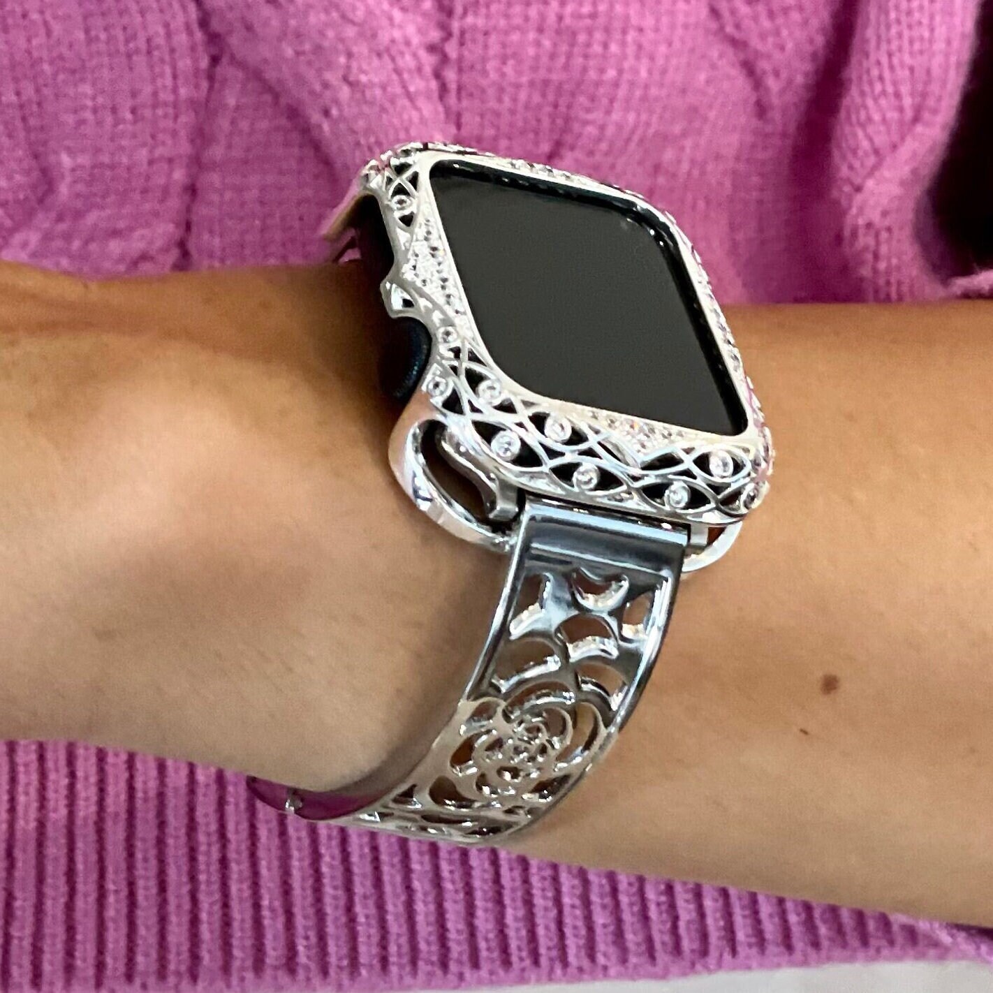 Apple Watch Band Silver, Rose Gold Bling Women Strap & Case Set 8 7 6 –  www.