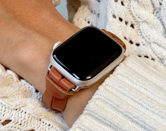 Featured listing image: Elegant Apple Watch Band Ultra 2,9,8,7, Slim Leather iWatch Strap for Women, Adjustable Size Jewelry Bracelet, Handmade In California
