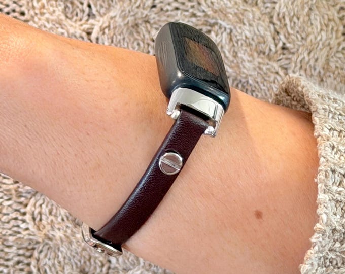 Fitbit Inspire 3 Band Slim Dark Brown Leather Strap, Women Bracelet, Silver Accents