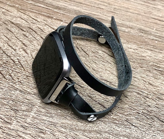 Black Double Wrap Soft Leather Band Strap for Fitbit Versa 2