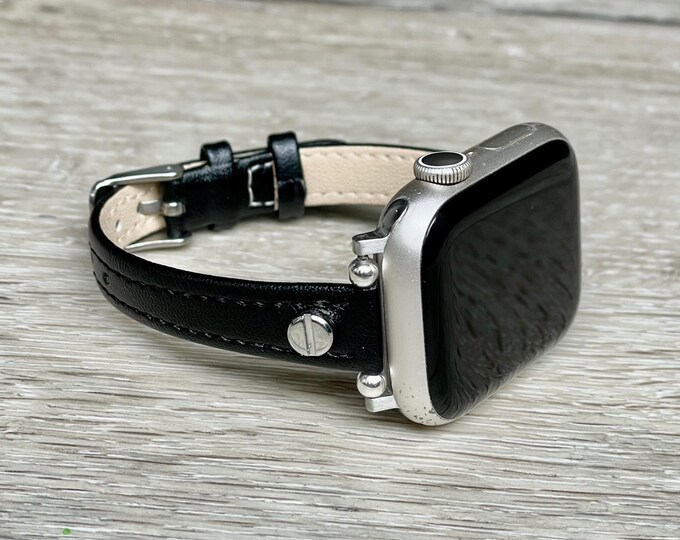 Slim Black Leather Apple Watch Band 42mm 46mm 41mm 38mm 44mm 45mm Ultra 2 Women Strap, Elegant Adjustable Size Bracelet, Gift for Her