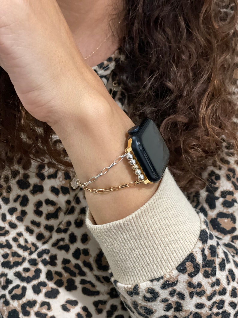 Elegante cinturino per Apple Watch da donna Bracciale a catena in metalli misti in argento sterling e oro, cinturino per Apple Watch bicolore immagine 9