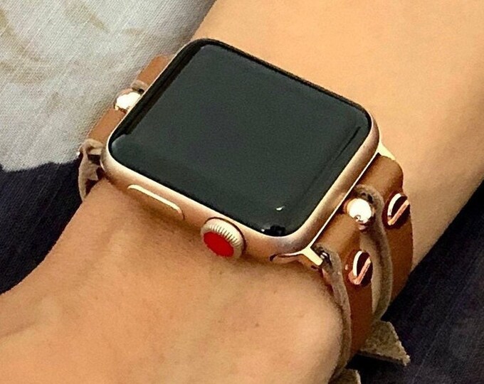 Handmade Leather Apple Watch Band - Brown Double Straps & Rose Gold Apple Watch Bracelet, Women iWatch Band, Apple Watch Armband