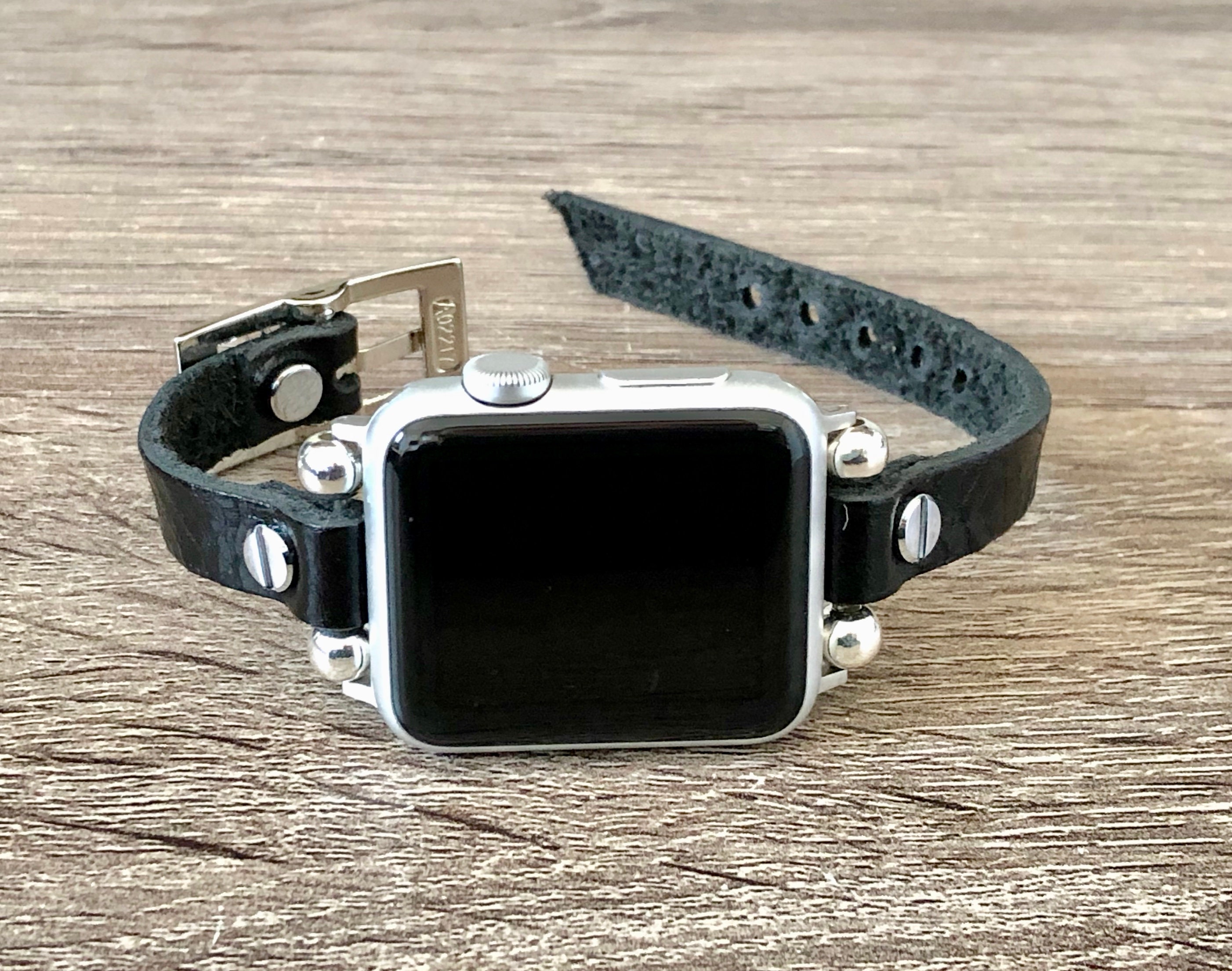 Skinny Black Leather Apple Watch Band 40mm 41mm 44mm 45mm Slim Smart Watch Strap Bands Apple