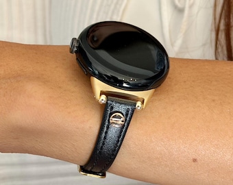 Google Pixel Watch Leather Band – Slim Black Strap with Gold Accents (4/3/2, 41mm/45mm)