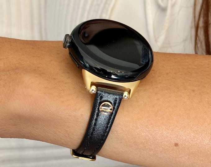 Slim Black Leather Google Pixel Watch Band Series 4/3/2 Strap Gold Bracelet