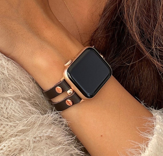 For Apple Watch 8 45mm Chain Genuine Leather Watch Band, Size: S(Rose Gold  Beige)