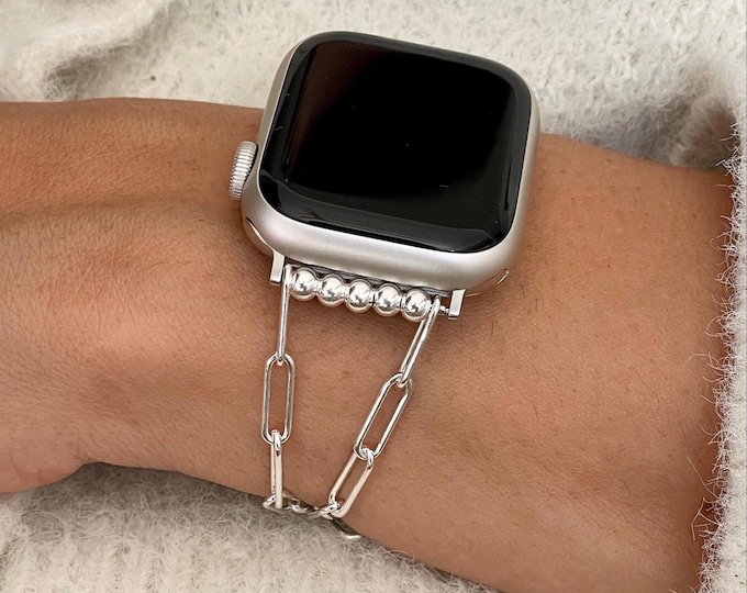 Sterling Silver Apple Watch Band Feminine Chain Strap 42mm 46mm 41mm 45mm 40mm 44mm 38mm Luxury Paperclip Chain Jewelry, Smartwatch Bracelet