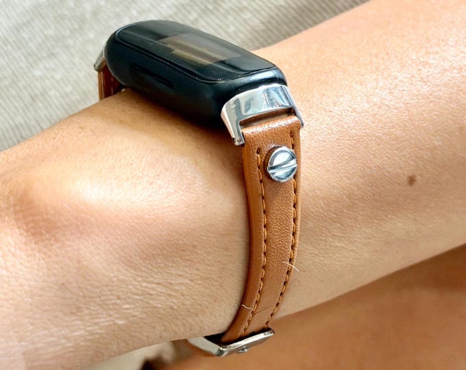 Slim Fitbit Luxe Band Light Brown Leather Strap Bracelet Women Accessory, Adjustable