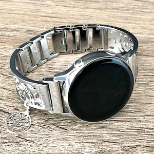 Samsung Galaxy Watch 6 Band, Shiny Silver Women Galaxy Watch 5 Bracelet Silver Tree of Life Medallion 20mm Watch Band, Metal Watch Bracelet